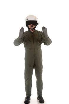 Military pilot with white helmet marshaling aircraft on a white background