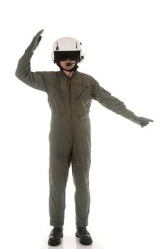 Military pilot with white helmet marshaling aircraft on a white background