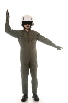 Military pilot with white helmet marshaling aircraft on a white background