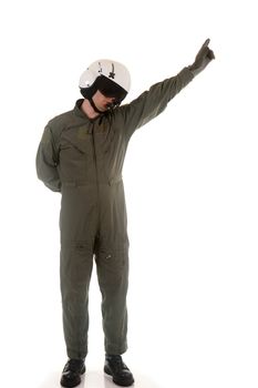 Military pilot with white helmet marshaling aircraft on a white background