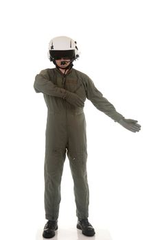 Military pilot with white helmet marshaling aircraft on a white background