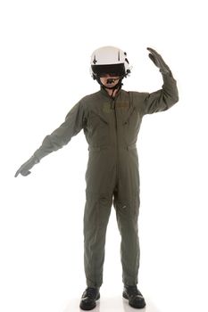 Military pilot with white helmet marshaling aircraft on a white background