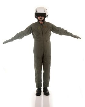 Military pilot with white helmet marshaling aircraft on a white background