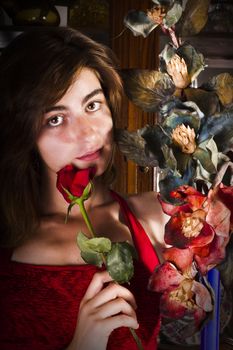 View of a beautiful young girl in a red dress on a living room.