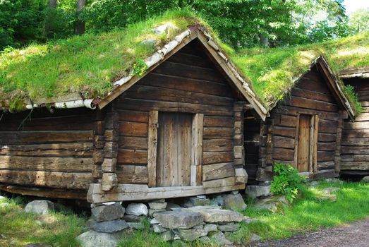 Ancient fisherman's  wooden huts  in ethnic park of Alesund, Norway