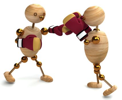 Boxing of two wood mans 3d rendered