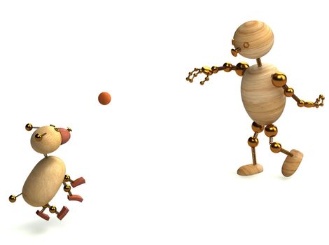 Wood man playing with dog ball 3d rendered