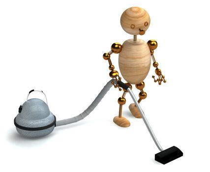 wood man with a vacuum cleaner 3d rendered