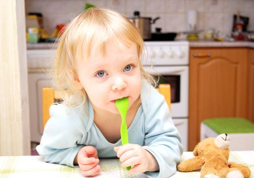 Child with a spoon photo in the kitchen