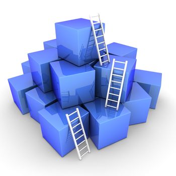 a pile of shiny blue boxes - three bright white ladders are used to climb to the top