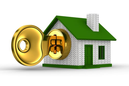 key and house on white background. 3D image