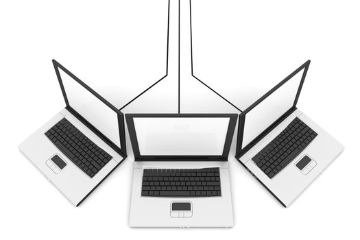 3D laptops with blank screens. Network concept