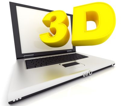 Word "3D" flying out of the screen Laptop