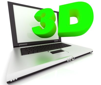 Word "3D" flying out of the screen Laptop