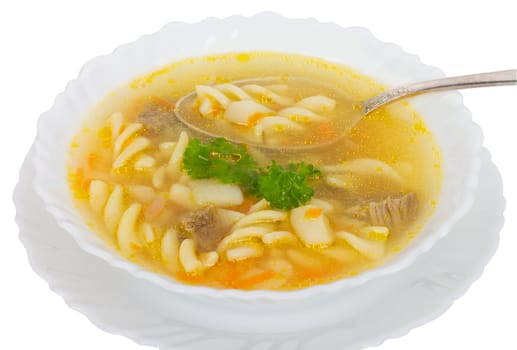 close-up soup with macaroni and meat, isolated on white
