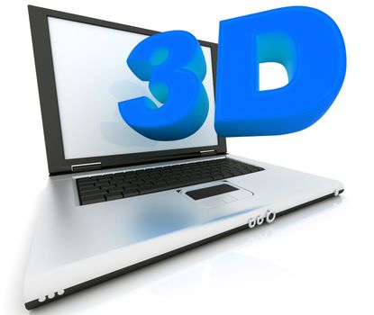 Word "3D" flying out of the screen Laptop