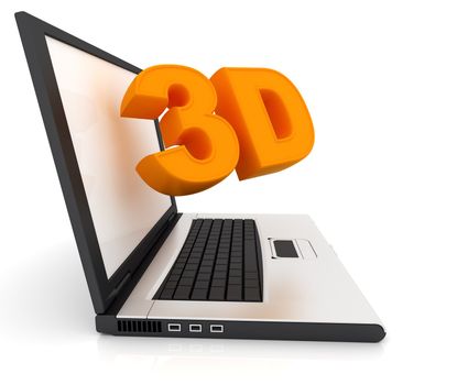 Word "3D" flying out of the screen Laptop