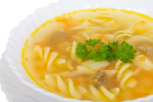 close-up soup with macaroni and meat, isolated on white