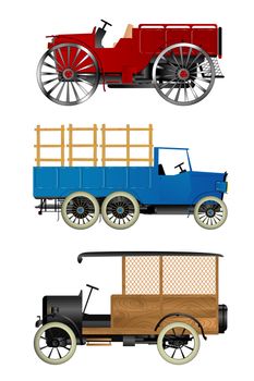 Old retro trucks, isolated objects over white background
