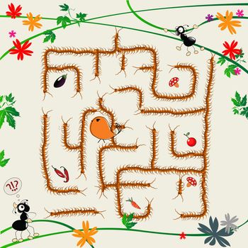 Cartoon art illustration with funny ants and maze