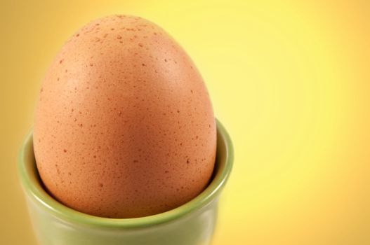 Close up boiled egg in ceramic cup with yellow background.