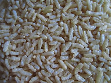 A photograph of uncooked brown rice detailing its texture.