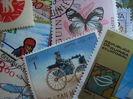 A photograph of various world postage stamps.