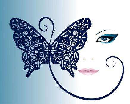 Beautiful girl on ablue background with butterfly