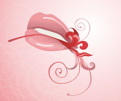 Illustration of the lips and a flower on a pink background, vector