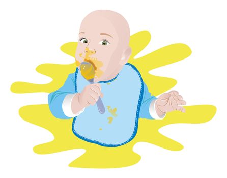 Child boy with a spoon and a napkin, illustration