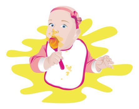 Child girl with a spoon and a napkin, illustration