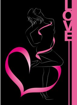 Contour of the girls on a black background with a pink ribbon and heart