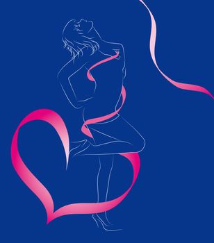 Contour of the girls on a blue background with a pink ribbon and heart
