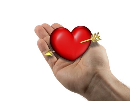 Right man hand with red and chubby heart on a white background