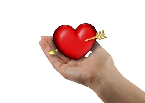 Right woman hand with red and chubby heart on a white background