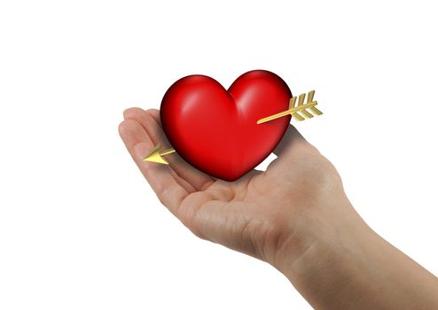 Right woman hand with red and chubby heart on a white background