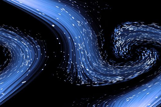 Abstract style blue fibre optic strands swirling against a black background.