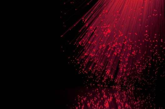 Crimson fiber optic light strands against a black background and reflecting into the foreground.