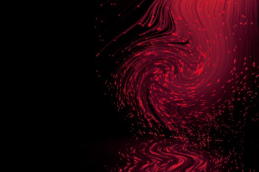 Crimson fiber optic light strands swirling against a black background and reflecting into the foreground.