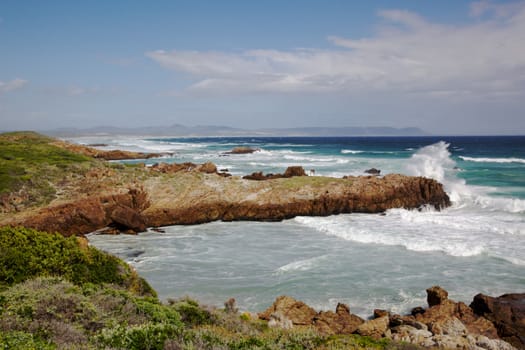 Langbaai (Long Bay) Beach in the tourist centre of Hermanus, Western Cape, South Africa.