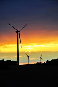 Wind turbines during beautiful sunset