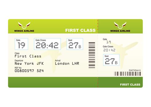 Plane ticket first class green travel with stub and gate number