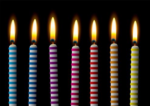 collection candle with stripes and burning flame on black background