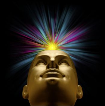 Golden mannequin head looking up with an explosion of pastel light above