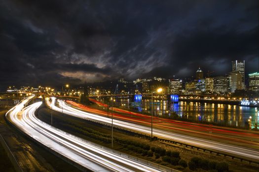 Freeway Light Trails in Downtown Portland Oregon at Night 2