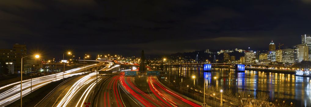 Freeway Light Trails in Downtown Portland Oregon Panorama at Night