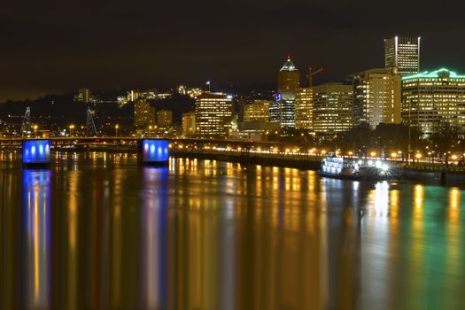 Portland Downtown City Skyline and Bridges by Waterfront at Night