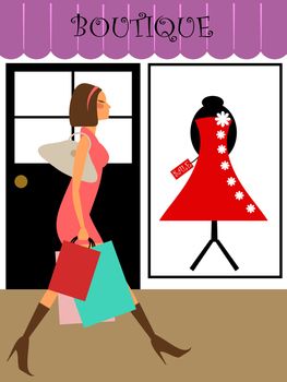 Woman Shopping and Walking in Front of Boutique Store Illustration