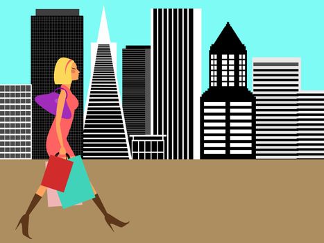 Modern Woman Shopping and Walking in the Big City Illustration