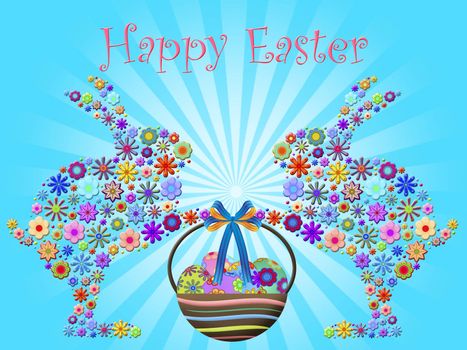 Happy Easter Abstract Bunnies Holding Basket of Floral Eggs Illustration